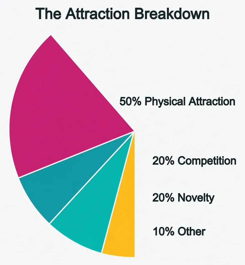 Pie chart of The Attraction Breakdown deconstructing the 40% Attraction category: 50% Physical Attraction, 20% Competition, 20% Novelty, 10% Other