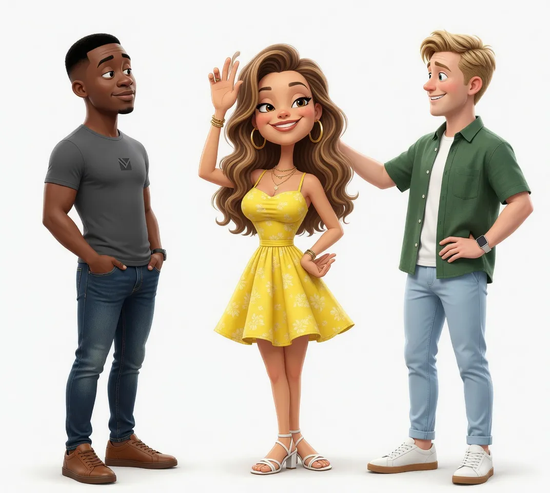 Two men gazing at a smiling woman in a yellow dress — illustrating the central premise of the Ladder Theory