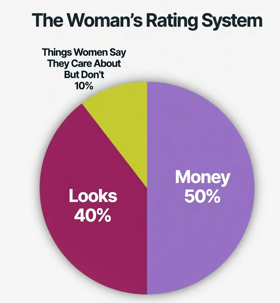 Pie chart of The Woman's Rating System in Classical Ladder Theory: Money 50%, Looks 40%, Things Women Say They Care About But Don't 10%