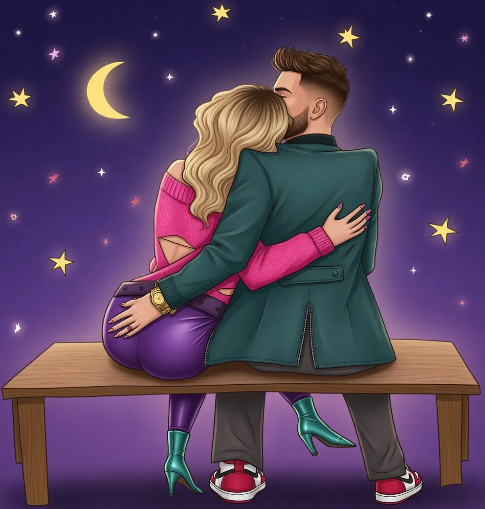 Cartoon illustration of a couple cuddling closely on a bench under a starry night sky