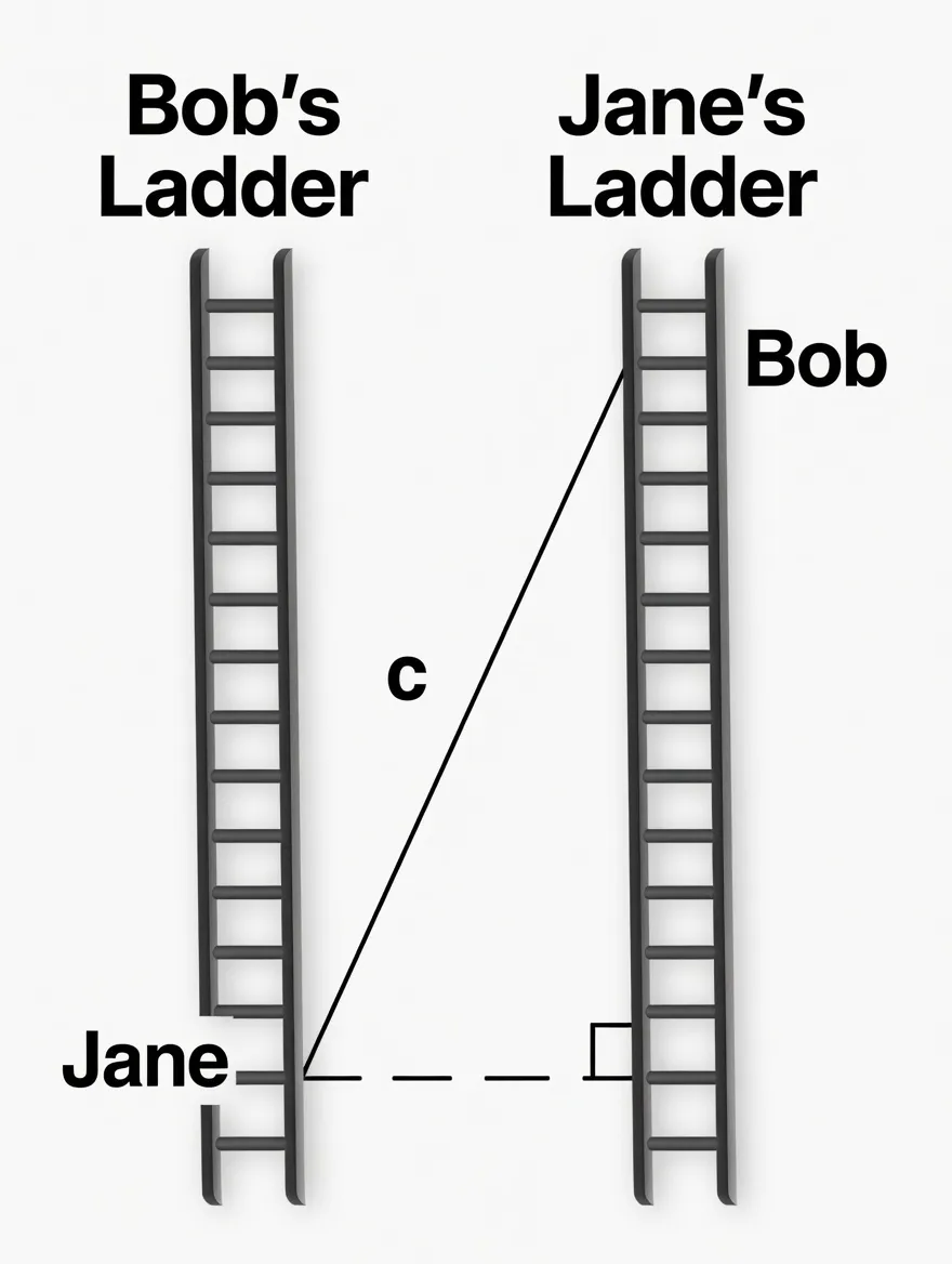 Diagram showing Bob's Ladder and Jane's Ladder side by side, with Bob placed high on Jane's ladder and Jane placed low on Bob's ladder, connected by a hypotenuse labeled "c" representing the disparity