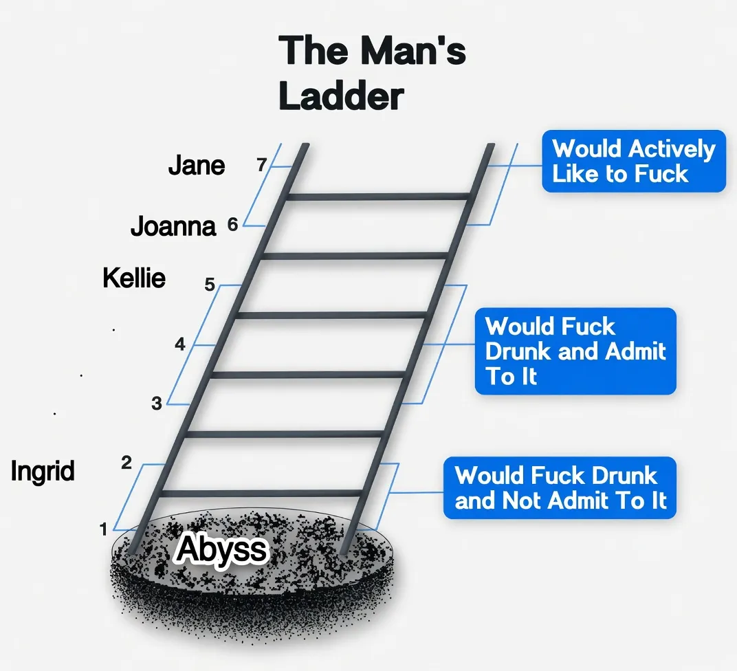 Diagram of The Man's Ladder showing three tiers — Would Fuck Drunk and Not Admit To It (bottom), Would Fuck Drunk and Admit To It (middle), Would Actively Like to Fuck (top) — above an Abyss, with example women (Ingrid, Kellie, Jane, Joanna) placed on numbered rungs