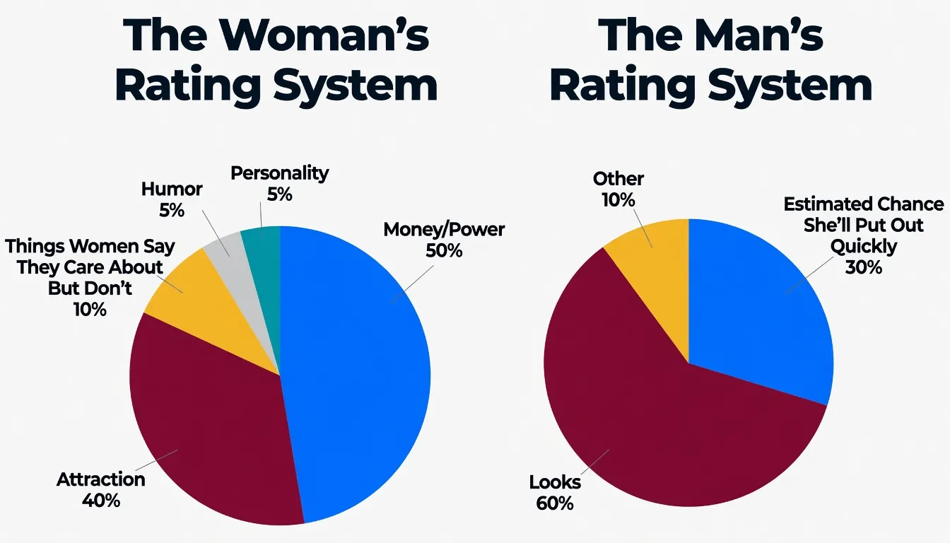 Two pie charts comparing the Woman's Rating System (heavily weighted toward Money/Power and Attraction) and the Man's Rating System (dominated by Looks)