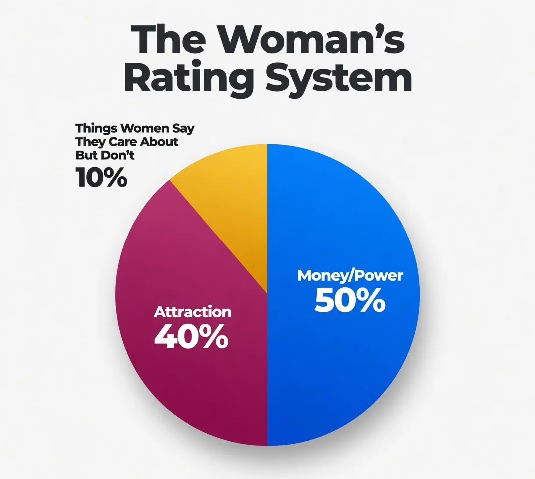 Revised Woman's Rating System pie chart with updated terminology: Money/Power 50%, Attraction 40% (replacing "Looks"), Things Women Say They Care About But Don't 10%