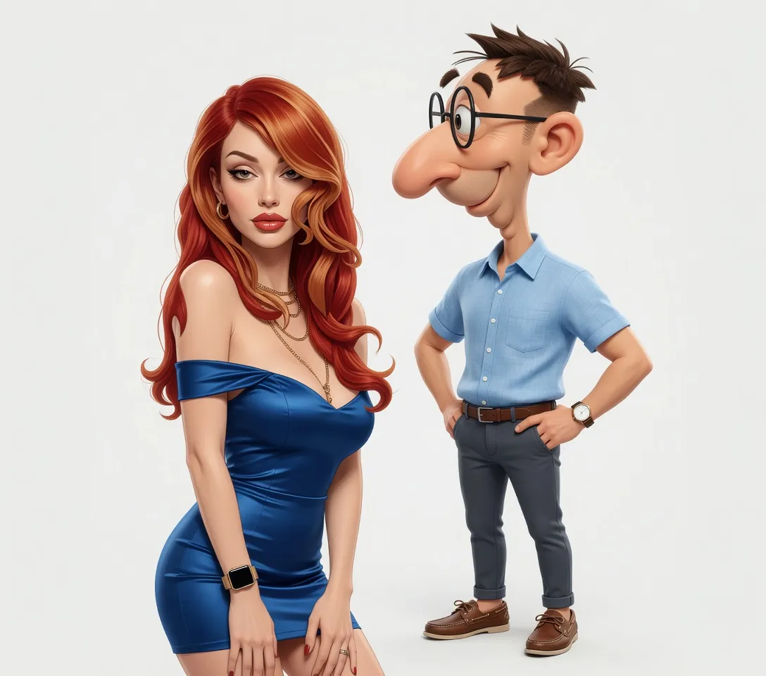 Cartoon of an unattractive nerdy man standing proudly beside a beautiful woman in a blue dress, illustrating the concept of topping out the ladder