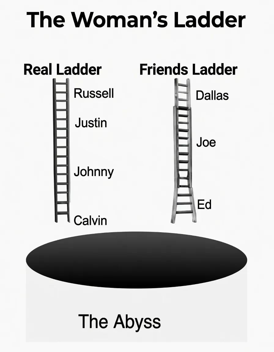 Diagram of The Woman's Ladder showing two side-by-side ladders — Real Ladder (Russell, Justin, Johnny, Calvin) and Friends Ladder (Dallas, Joe, Ed) — above The Abyss