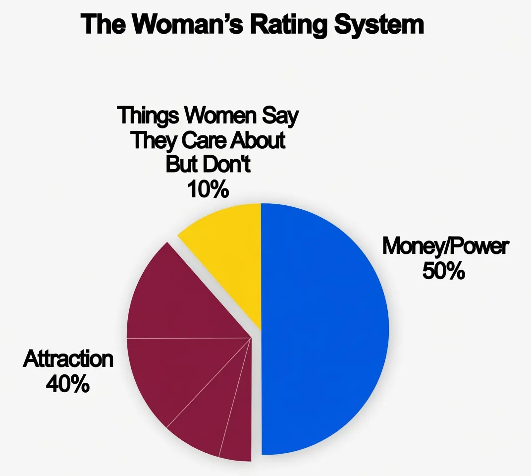 Pie chart breakdown of The Woman's Rating System: Money/Power 50%, Attraction 40%, Things Women Say They Care About But Don't 10%, plus small slices for Other Factors and Misc.